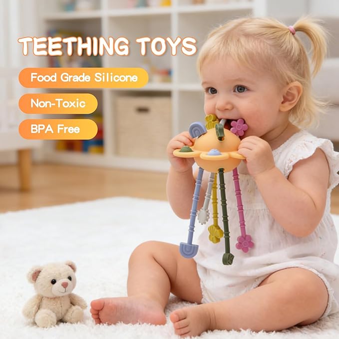 Food Grade Silicone Pull String Baby Toy, Montessori Pull String Sensory Toy for 18 Months Babies Teething Toys (Yellow)