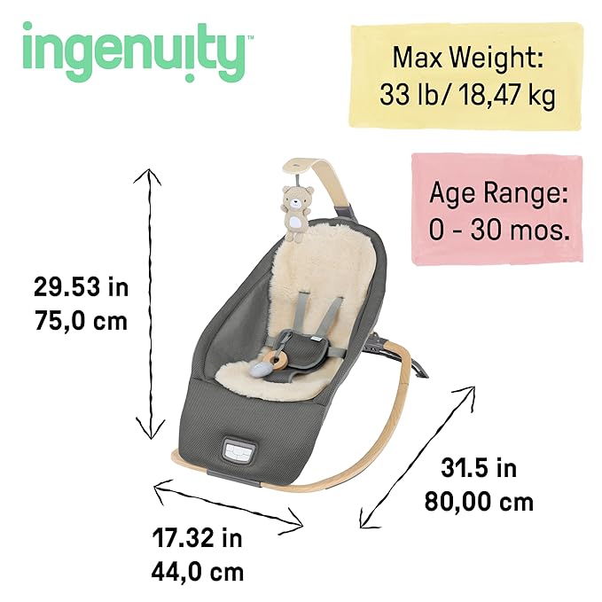 Ingenuity Every Season 2-in-1 Baby Rocker & Seat - Cooling and Warming Fabrics, Detachable Sustainable Wooden Activity Bar, Music, Vibration, for Ages 0-30 Months, Wesley (Grey)