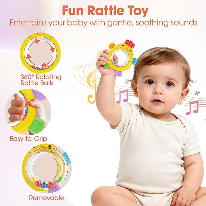 Teething Rings with Rattle & Sensory Toy BPA Free Silicone Teethers for Babies 6-12 Months Baby Teething Relief Chew Toys for Infant Newborn, Babies Essential for Boys Girls 0-24 Months