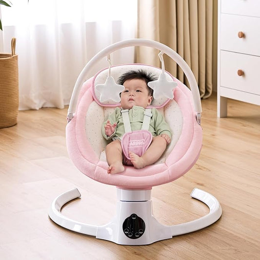 HARPPA Weddell Lite Electric Baby Swing for Infants with Music Speaker, 5 Adjustable Speeds, 5-Point Safety Harness, Timer Function, Compact Design for Indoor & Outdoor Use, Pink