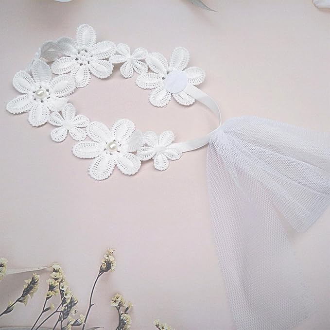 Baby Girls Flower Headbands Cute Kids Christening Headband Soft Lace Hairbands Floral Crown Newborn Infant Toddlers Hair Accessories for Birthday Party Photography(Big White Flower)