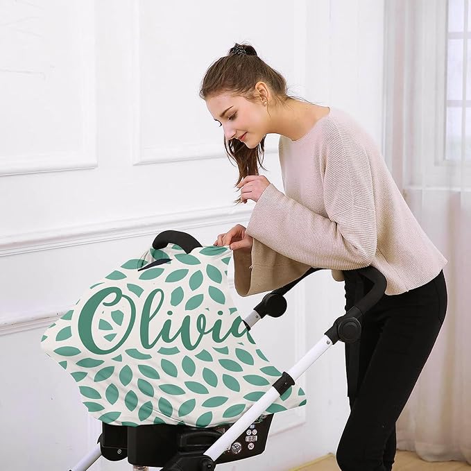Personalised Car Seat Cover for Girls and Boys - 7 in 1 Multipurpose Breast Feeding Cover, Nursing Cover, Green Leaf Pattern Grocery Cart Cover - Birthday Gift for Babies