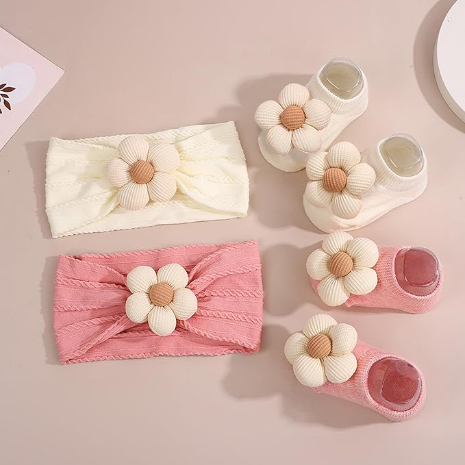 WillingTee Baby Girl Headband and Socks, Non-Slip Floral Socks and Soft Floral Nylon Hairbands for Babies Infants and Toddlers