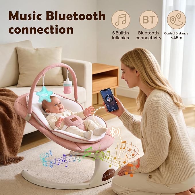 Baby Swings for Infants, Portable Stationary Infant Swing with 5-Speed Settings, Bluetooth Music & Timer, Suitable for Newborns up to 9 Months (Pink)