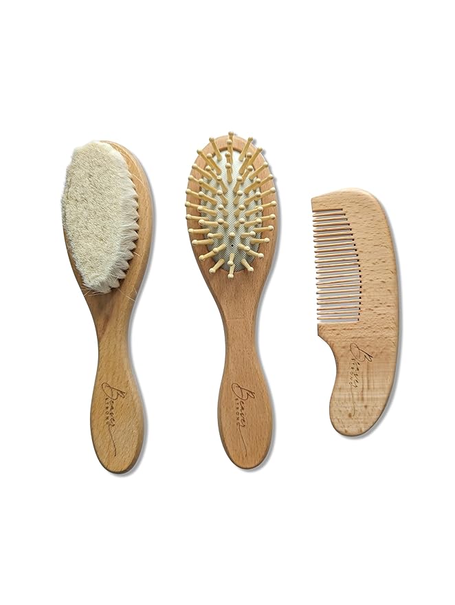 Gentle Care Wooden Baby Hair Brush and Comb Set by BeaverStrong - 2 Brushes and 1 Comb for Newborns - Soft Bristles, Safe and Natural - Perfect for Delicate Infant Hair and Scalp