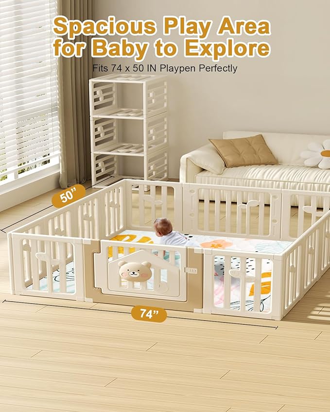 TINYHARBO Premium Foam Baby Play Mat 74x50 – Removable & Machine Washable Cover, Extra Thick Padding Playpen Mat, Non-Slip Crawling Mat, Easy to Clean for Infants, Toddlers & Babies
