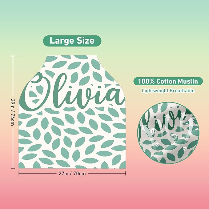 Personalised Car Seat Cover for Girls and Boys - 7 in 1 Multipurpose Breast Feeding Cover, Nursing Cover, Green Leaf Pattern Grocery Cart Cover - Birthday Gift for Babies