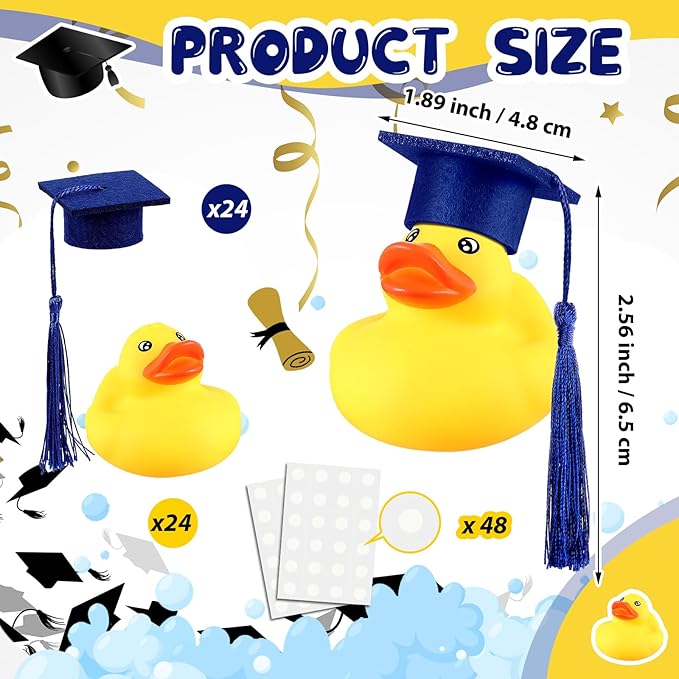 Lenwen 24 Pcs Graduation Rubber Ducks with Grad Cap Mini Rubber Duckies Gifts Bulk for Graduation Party Favors Decoration(Blue Grad Hat)