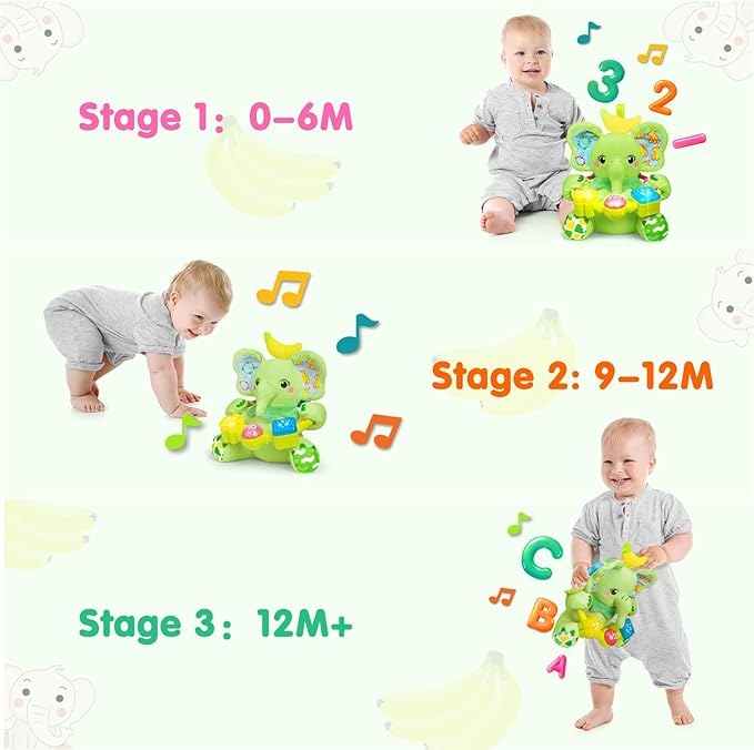 Ryotagift Baby Bilingual Musical Elephant Stuffed Animals Toys,Infant Early Learning Toy with Light-Up Music & Crinkle,Tummy Time Toys for 0 3 6 9 12+ Months for Baby Boy Girl Gift,Green