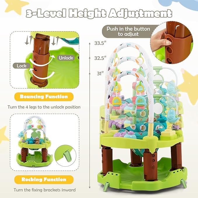 HONEY JOY Baby Bouncer Activity Center, 3-Stage Bouncing Activity Saucer & Playtime Mat & Activity Table, Toy-Bar, 3 Adjustable Heights, Foldable Activity Center for Infants & Toddlers(Green)