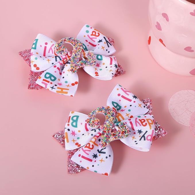 4" Glitter Happy Birthday Hair Bow Clips for Girls Ages 1-6, Pink Ribbon Cheer Bow Barrettes Alligator Hairpins, Confetti Ice Cream Party Dress Accessories, Her 2nd Birthday Gift