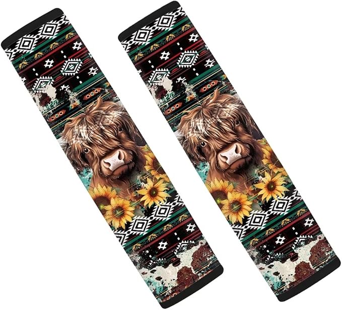 UNICEU Southwestern Tribal Aztec Highland Cow Car Seat Belt Covers for Women Men, Soft Shoulder Seatbelt Pads Cover Comfortable Seat Belt Pads Universal Fit,Highland Cow Car Accessory