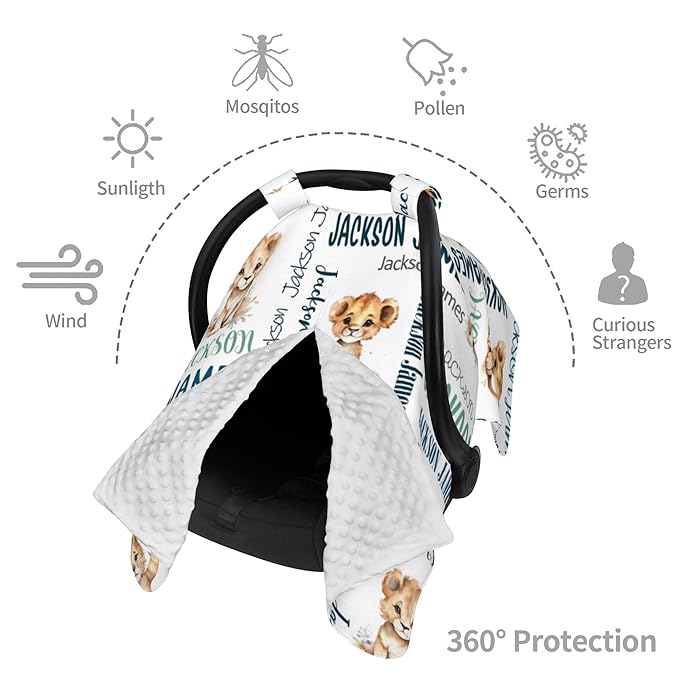 Personalized Baby Car Seat Cover Winter Custom Minky Carseat Cover Boy Girls with Name Lion Carseat Canopy Customized Car Seat Canopy Infant Carrier Covers Nursing Cover Toddler Blanket