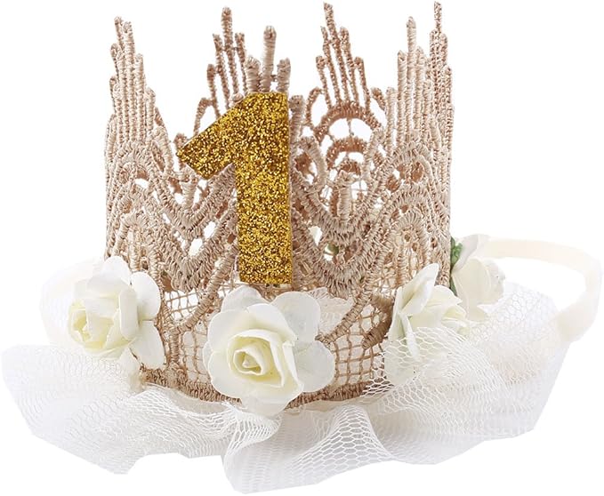 June Bloomy Baby Golden Lace Rose Flower Crown 1st Birthday Headband Princess Tiara