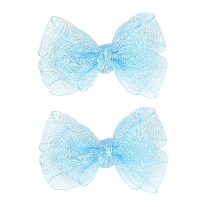 3.5-Inch Organza Hair Bows for Girls - Elegant Sheer Ribbon Alligator Clips for Toddlers, Kids, and Teens - Pack of 2, Sky Blue
