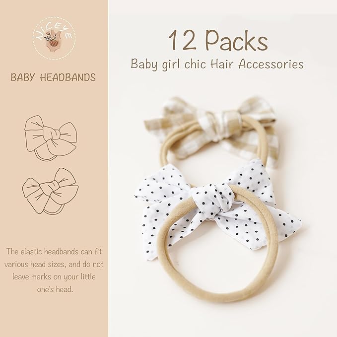 Niceye Handmade Hair Accessories: 12 Packs of Stretchy Nylon Headbands and Bows for Newborns, Infants, Toddler Girls