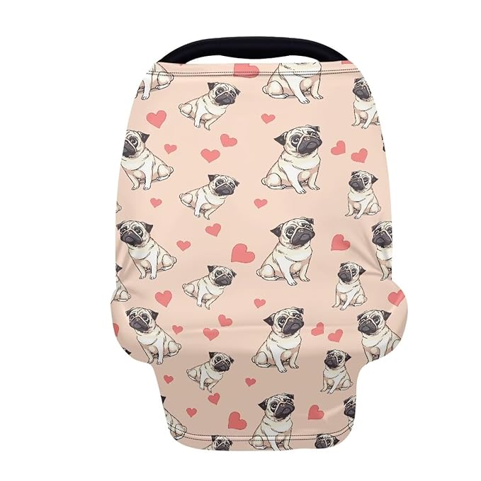 Biyejit Pug Dog Hearts Baby Car Seat Covers Canopy Cover, Stretchy Car Seat Covers for Babies, Soft Jersey Nursing Breastfeeding Cover, Multi-use Cover Infant Carseat Canopy