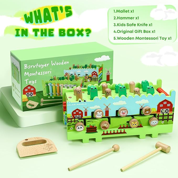Wooden Activity Cube Montessori Toys for 12+ Months Baby Boys Girls | Hammering Pounding Toys with Abacus, Educational Toddler Activities Toys with Xylophone (Crocodile)