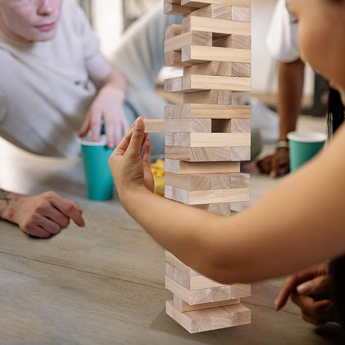 GOTHINK Giant Tumble Tower Game, Large Tumbling Tower Stacking to Over 3.2 FT 60pcs Wooden Jumbo Blocks for Outside Yard Games w/Carry Case Timber Stacking Game Night Toy Gift for Kids Adults Family
