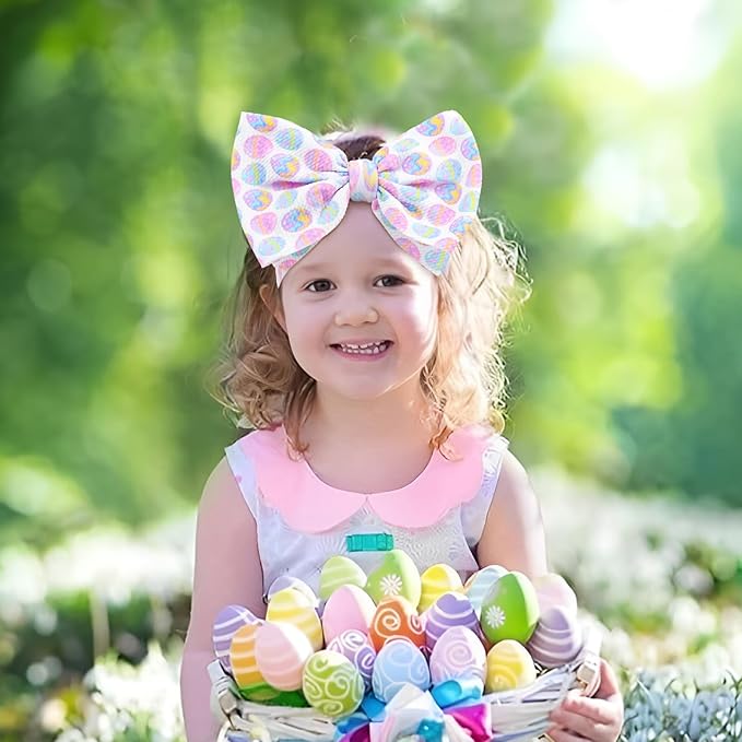 7” Large Baby Bows Easter Egg Bows Headbands for Girls Newborn Infant Elastic Tied Hairbands Bows Easter Cute Hair Accessories Gift Pink White Blue