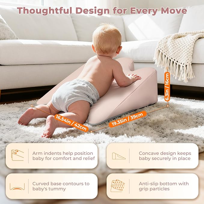 EKEPE 2026 Upgraded Nursing Reflux Prop with Leather Cover for Baby Gas, Colic Relief & Burp, Memory Foam Tummy Time Prop for Infant 0-12 Months Feeding, Neck, Shoulder and Body Support - Pink