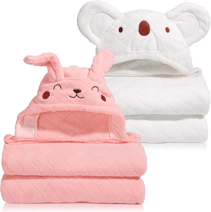 Hooded Baby Towels, Baby Towels with Hood for Toddlers 0-5 Years, 2-Pack Thick Absorbent Toddler Towels Baby Towels with Hood, Large 50''x32'', Pink Rabbit & White Koala Set