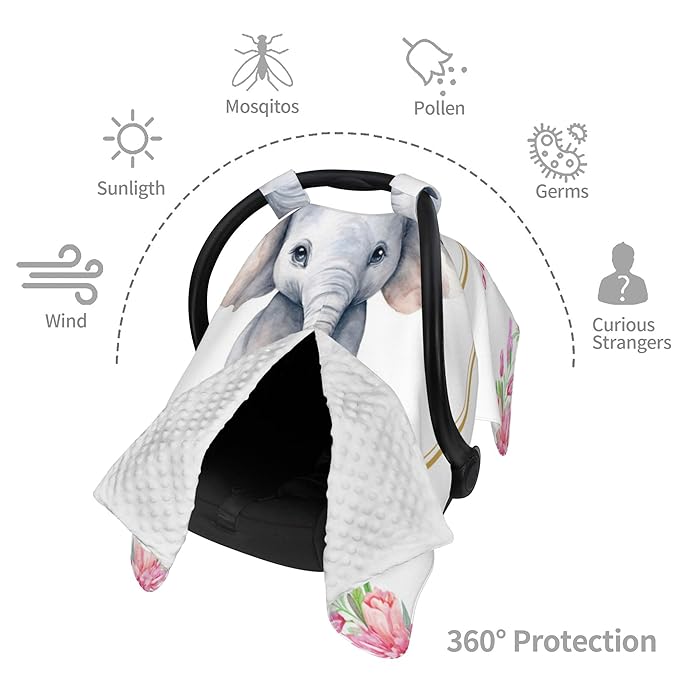 Personalized Baby Car Seat Canopy with Name Custom Minky Elephant Car Seat Covers Nursing Cover for Breastfeeding Multi-Use Cover Infant Carrier Carseat Winter Cover for Newborn Girls Boys
