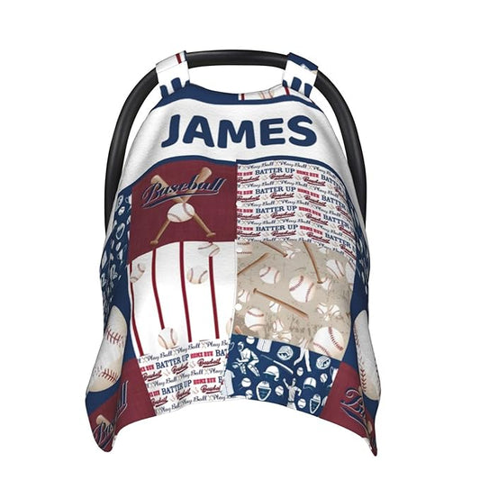 Personalized Baby Car Seat Canopy for Boys and Girls, Custom Name Baby Car Seats Covers for Babies, Opening Minky Nursing Breastfeeding Stroller Cover Infant Carseat Canopies for Newborn (Baseball)
