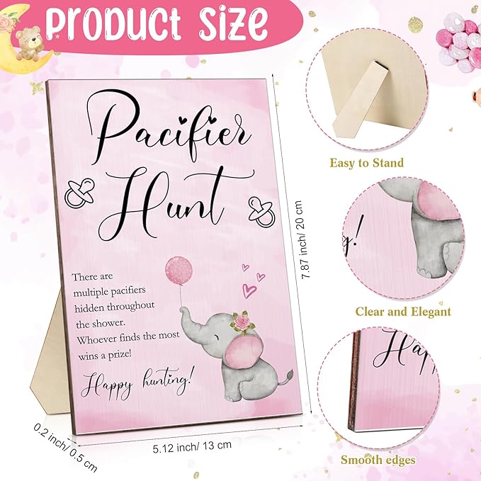 Roowest 51 Pcs Pacifier Hunt BabyShower Games Include Wooden Hunt Sign and 50 Acrylic Mini Plastic Pacifiers for BabyShower Game Decoration Gift Sets Gender Reveal Party(Elephant,Pink)