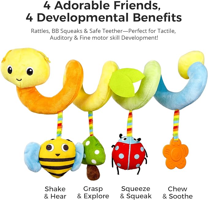 Car Seat Toys for Baby – Colorful Carseat Toys Hanging with Plush Teether & Rattles, Soft Sensory Car Seat Toy and Stroller Toys Set, Baby Car Seat Toy to Entertain and Soothe on The Go