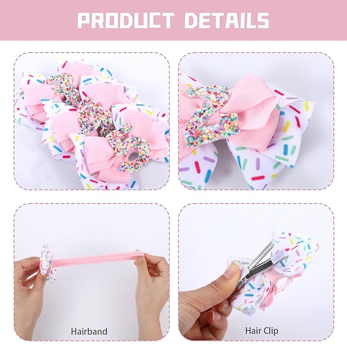 2pcs Birthday Hair Bow for Baby Girls, Sprinkle Confetti 1st Birthday Girl Headband, Ice Cream Party Theme Bow Clips for Baby Girls Pink Hair, Happy 1st Birthday Girl Hair Bow Clips