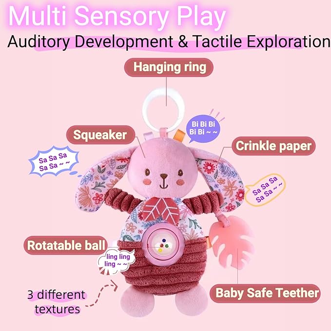 Baby Crib Toys Hanging Stroller Car Seat Toy for Infant 0-2-3-4-5-6-7-8-9 Months Old, Newborn Infant Girl Gifts, Rattle Crinkle Teething Teether for Babies 6-12 Month Easter Basket Stuffers