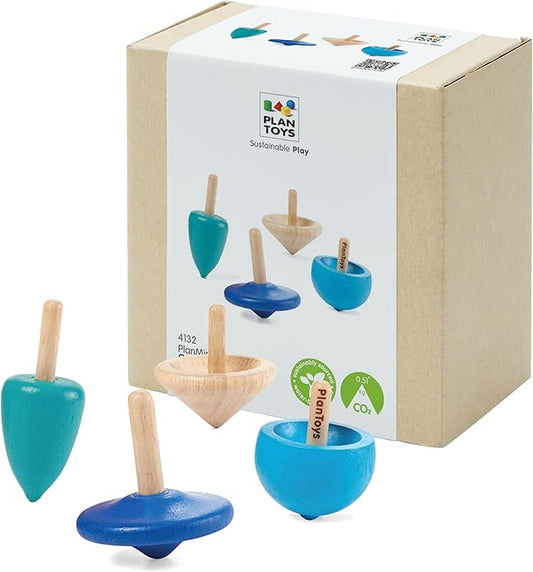 PlanToys® Mini Wooden Spinning Tops Set | 4 Colorful Eco-Friendly Montessori Toys for Toddlers | Travel Toys for Kids | Sensory Fidget Toys for Focus & Coordination