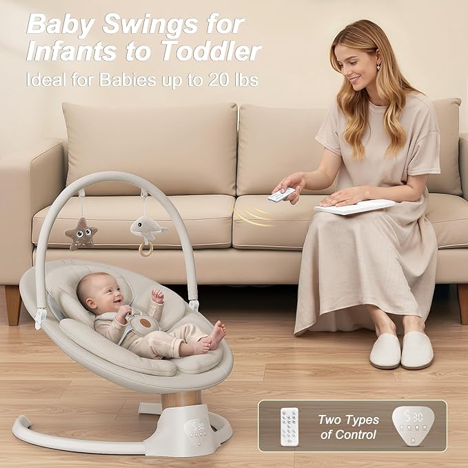 Baby Swings for Infants, FasonBaby Electric Baby Swing with Music Speaker, 5 Speeds, Remote Control and Bluetooth - Portable Infant Swing for Indoor and Outdoor (Beige)