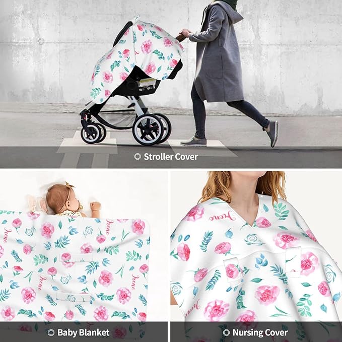 Personalized Pink Flower Baby Infant Car Seats Canopy for Babies with Name, Custom Green Leaves Lightweight Covers for Baby Boys Girls, Minky Nursing Breastfeeding Stroller Cover for Newborn