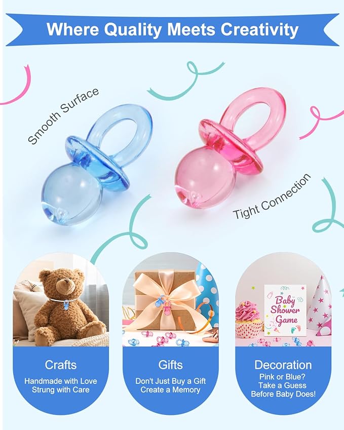 200PCS Mini Acrylic Pacifiers for Baby Shower Games, 0.83 Inch Clear Blue Pacifiers Bulk, Chupones para Gender Reveal Party Favors, Decorations & Craft Supplies