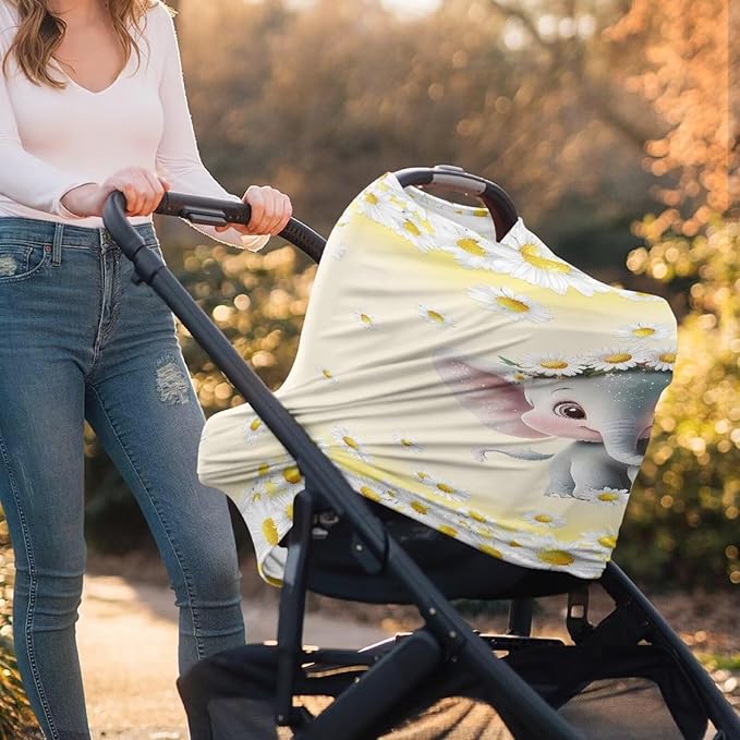 Biyejit Daisy Elephants Nursing Cover Breastfeeding Scarf - Baby Car Seat Covers, Infant Stroller Cover, Carseat Canopy for Girls and Boys
