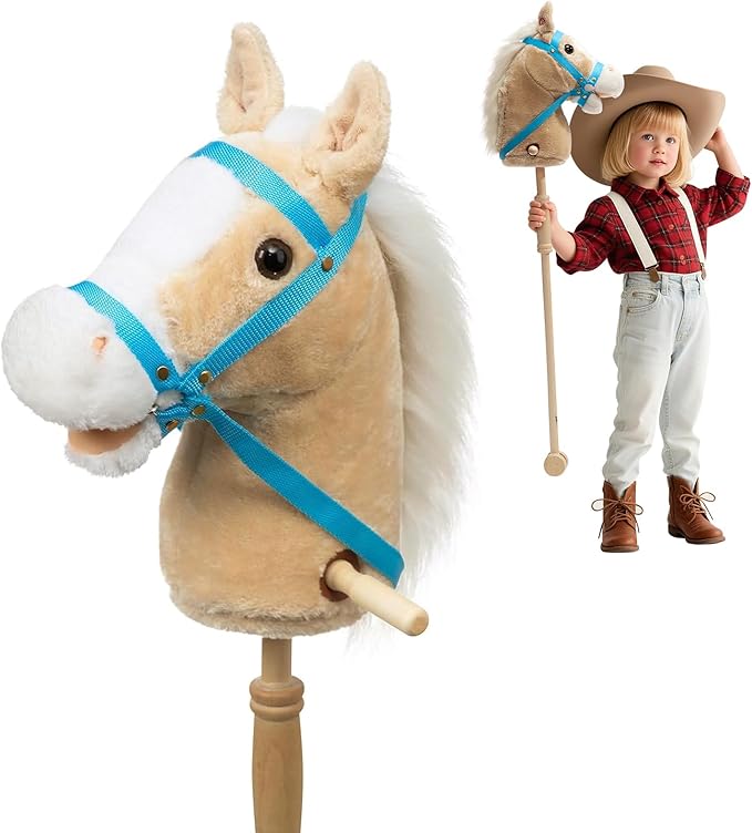 HollyHOME Stick Horse Plush Handcrafted Hobby Horse on a Stick with Wood Wheels Real Pony Neighing and Galloping Sounds for Kids Toddlers Beige 36 Inches(AA Batteries Required)