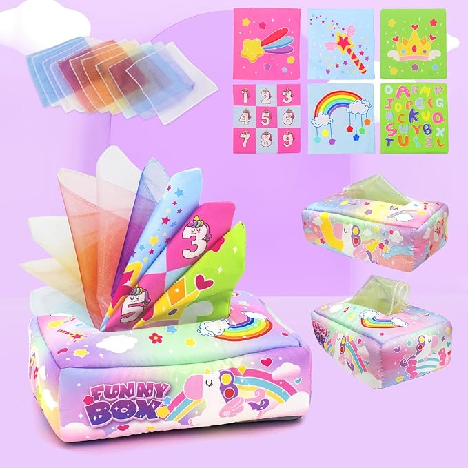 Babies Toys for 12 Months,Sensory Toys for Toddlers 1-3, 3 in 1 Activities Busy Cube,Pull String Teether and Baby Tissue Box Toy,Infant Toddlers Toy Gifts for 1 2 3 Year Old Boys Girls
