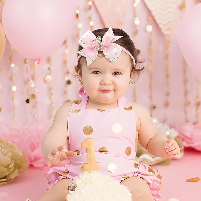 YanJie 4'' Baby Girl Birthday Hair Bow for 1 Year Old Newborns Sprinkle Glitter Birthday Infant Headbands Hair Accessories with Pink Frosting Bows