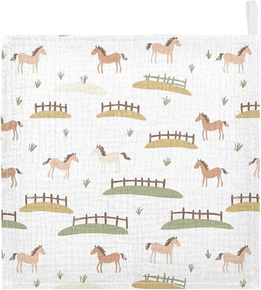 vvfelixl Baby Muslin Washcloths Cute Horses Fences Baby Burp Cloths Cotton Babys Face Towel for Newborn Infants Boys Girls Soft and Absorbent 11.8 X 11.8 in, 3 Pack