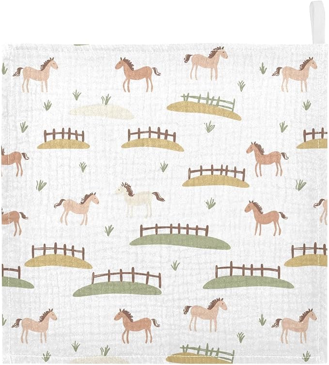 vvfelixl Cute Horses Fences Baby Burp Cloths Baby Muslin Washcloths for Boys Girls Cotton Babys Face Towel for Newborn Infants Soft and Absorbent 11.8 X 11.8 in, 5 Pack