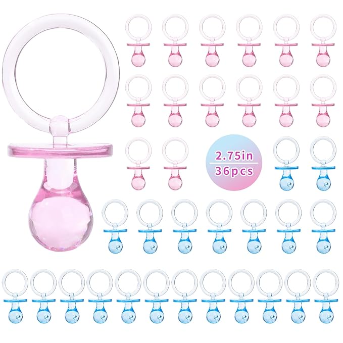 Pacifiers for Baby Shower Game, 36 Plastic Pacifiers for Baby Shower Decoration DIY, Large Size Baby Shower Pacifiers, Gender Reveal Party Table Scatter/Hunt Baby Shower Game Props(Blue&Pink, 2.75 in)