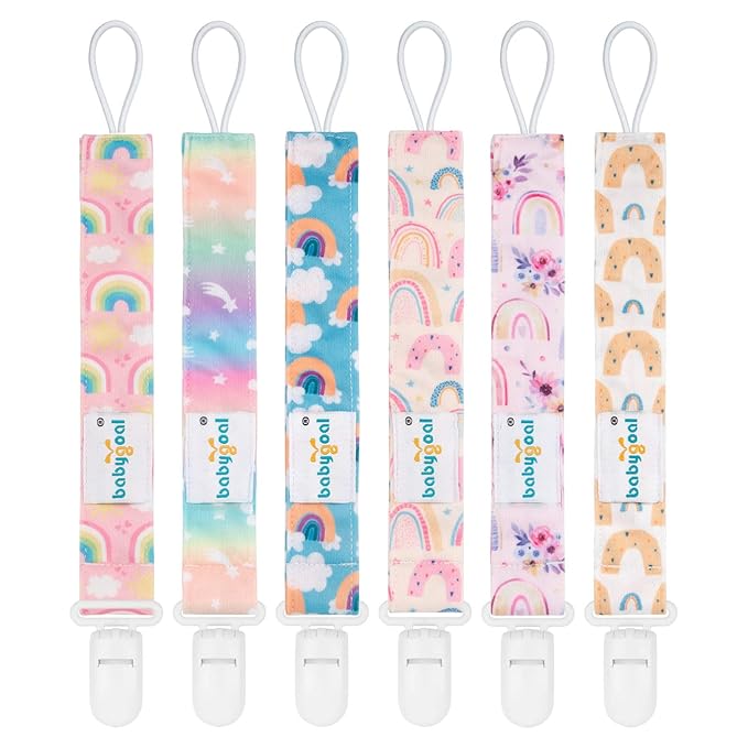 babygoal Rainbow Pacifier Clips, 6 Pack Binky Paci Holder Leashes Fits for Most Baby Pacifiers and Binkies