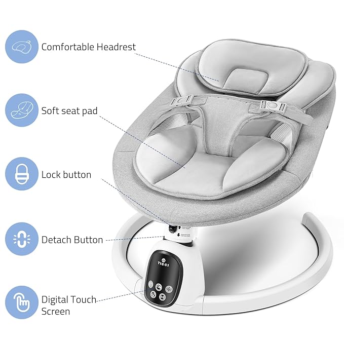 T TICCI Baby Swings for Infants, 5 Speed Bluetooth Baby Bouncer, Motorized Bluetooth Swing, Built-in 3 Timer Settings, Music Speaker, Remote Control, 0-6 Months, Grey