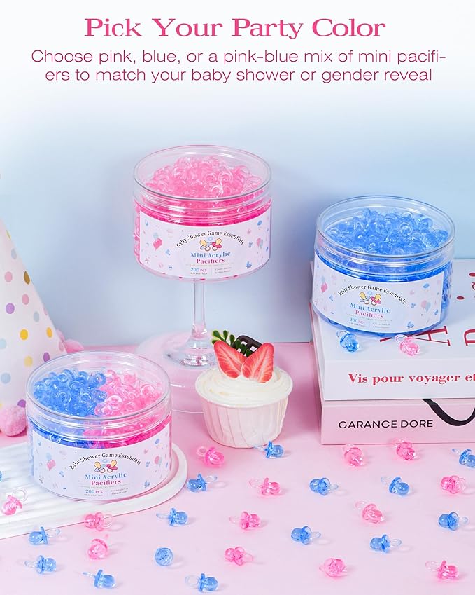 200 Pcs Mini Pacifiers Baby Shower Games, 0.86'' Acrylic Pacifiers in Clear Jar, Chupones para Baby Shower Pacifier for Party Favors, Table Scatter, Gender Reveal Decoration DIY Craft(Pink)