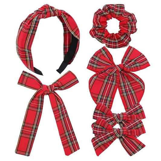 Sugarmelon Set of 6 Tartan Bow Hair Clips for Baby Girl and Mom Women Plaid Headbands Scrunchies Scottish Tartan Hair Bows for School Girls (6 pcs Tartan Red)