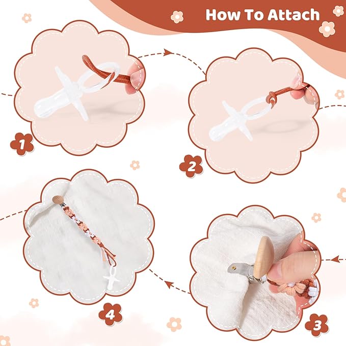Pacifier Clip for Boys Girls Floral Daisy Macrame Baby Paci Clip Pacifier Holder Leash Boho Wooden Clips Handmade Braided Cotton Binky Clips (1pack:Caramel Style A)