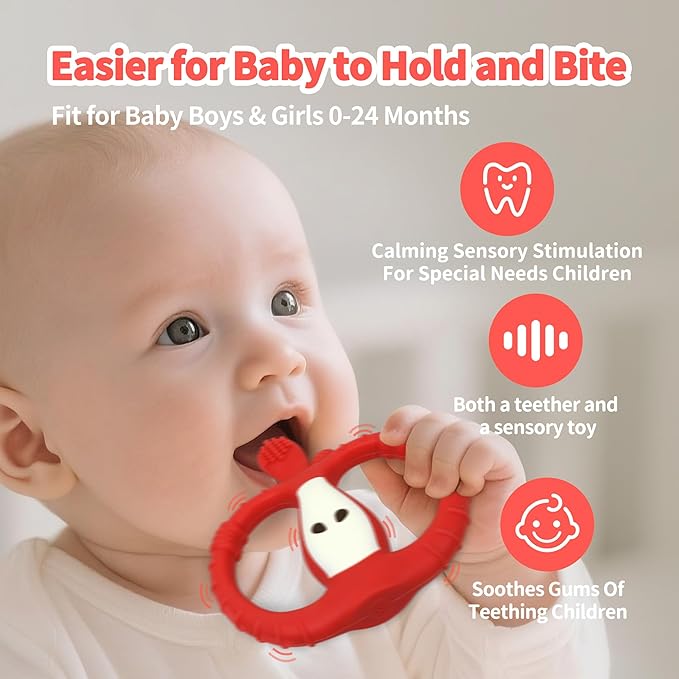 Vibrating Teether for Baby with Remote Control - Chewy Sensory Toy for Teething & Autism, 10-Speed Vibration Modes, USB Rechargeable, Food Grade Silicone Teether for Sensory Seekers (Red)