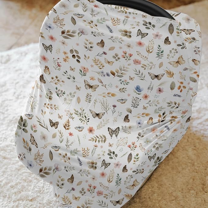 Botanic Gardens Baby Car Seat Covers Beige Floral Butterflies Stretchy 5-in-1 Cover Boho Spring Wildflowers Leaves Adjustable Infant Carseat Canopy Cover Breathable Nursing Cover-Up